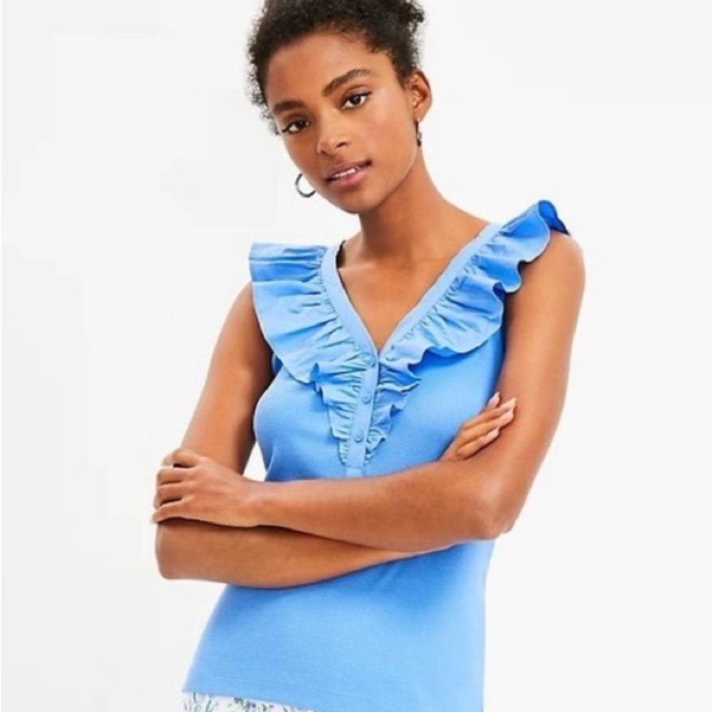 LOFT Ruffle Mixed Media V-Neck Top